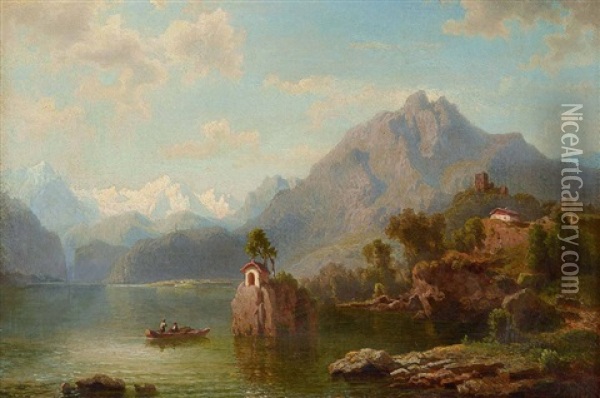 Gebirgssee Mit Boot Vor Einer Kleinen Kapelle Oil Painting - Franz Hengsbach