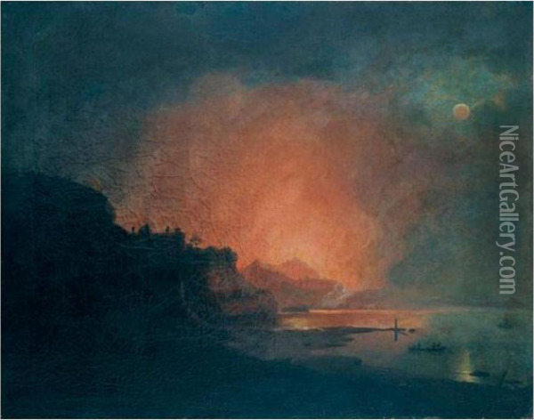 Vesuvius In Eruption Seen From Posillipo Oil Painting - Josepf Wright Of Derby
