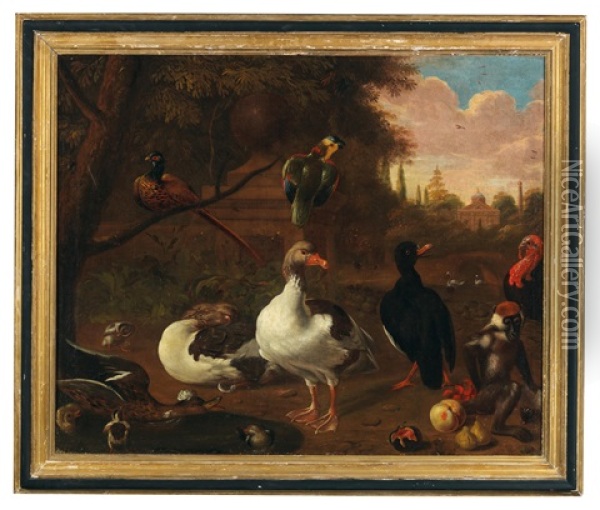 Landscape With Ducks And Other Birds In A Castle Park Oil Painting - Melchior de Hondecoeter