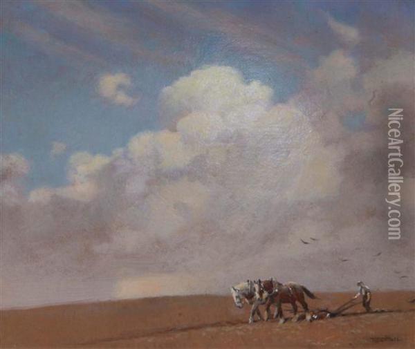 On The Berkshire Downs Oil Painting - Frederick Hall