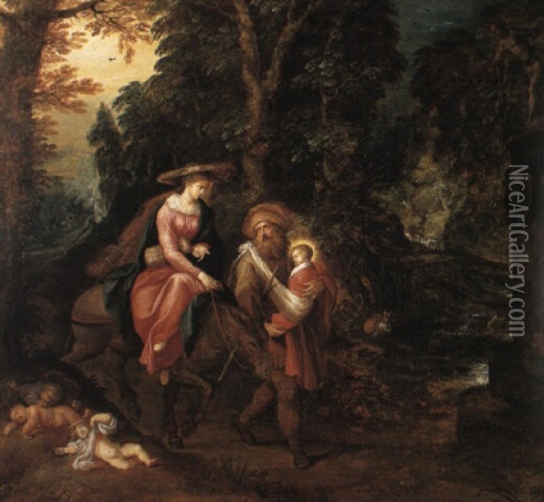 The Flight Into Egypt With The Miracle Of The Statue Oil Painting - Abraham Govaerts