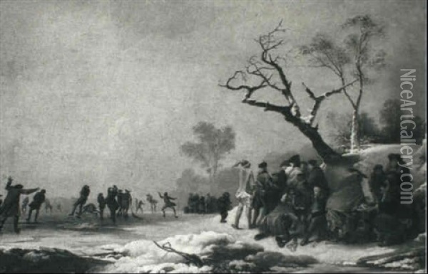 Soldiers Encamped By A Frozen Pond With Skaters Oil Painting - Philip James de Loutherbourg