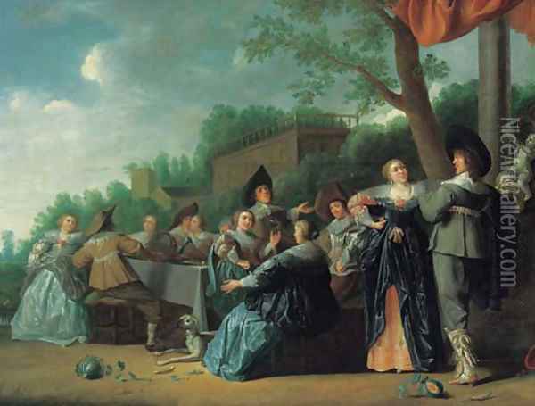 Elegant company feasting in an ornamental garden, a palace beyond Oil Painting - Dirck Hals