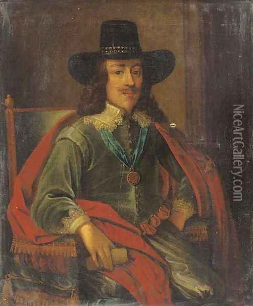 Portrait of King Charles I, seated three-quarter-length, in a green jacket, red cloak and black hat Oil Painting - Edward Bower