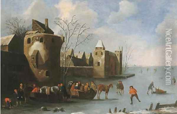 Townsfolk skating and sledging on a frozen moat, a city beyond Oil Painting - Thomas Heeremans