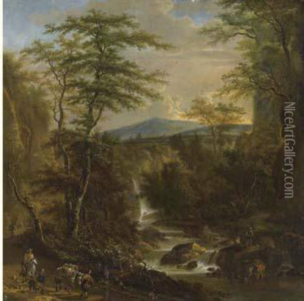 Southern Forest Landscape With 
Waterfall, Travellers And Fishermen The Figures Probably By Johannes 
Lingelbach. Oil Painting - Adriaen Hendricksz. Verboom