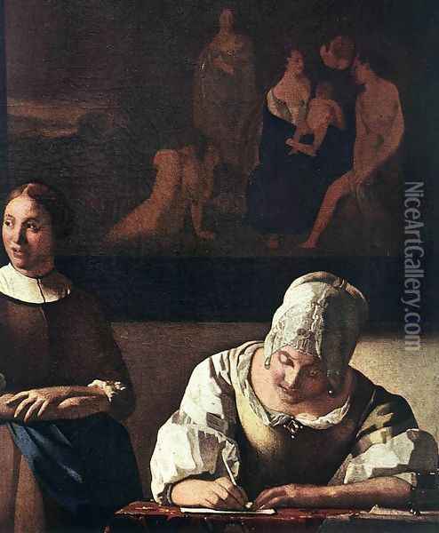 Lady Writing a Letter with Her Maid (detail-1) c. 1670 Oil Painting - Jan Vermeer Van Delft