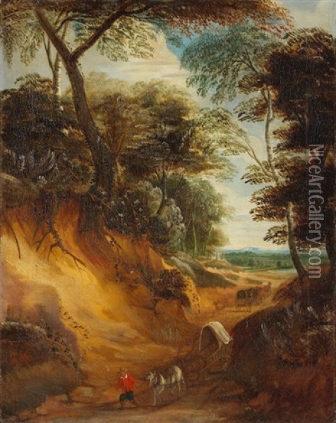 A Hilly Landscape With Travellers And A Wagon On A Path Oil Painting - Lodewijk De Vadder