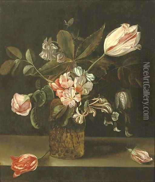 Roses, tulips and other flowers in a glass vase Oil Painting - Flemish School