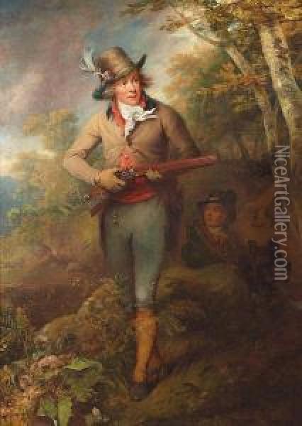 Portrait Of Colonel Thornton, 
Marquess Dupont, Roebuck Shooting In The Forest Of Glenmore With His 
Twelve Barrel Volley Rifle Oil Painting - Philip Reinagle