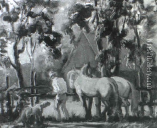 Landscape With Man, Horses And Dog Oil Painting - Alphonse Palumbo