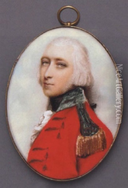 A Young Officer In Scarlet Coat With Gold-embroidered Blue Collar And Gold Epaulettes, Gold Buttons Loop, Frilled White Cravat And Black Stock, Powdered Hair En Queue Oil Painting - Andrew Plimer