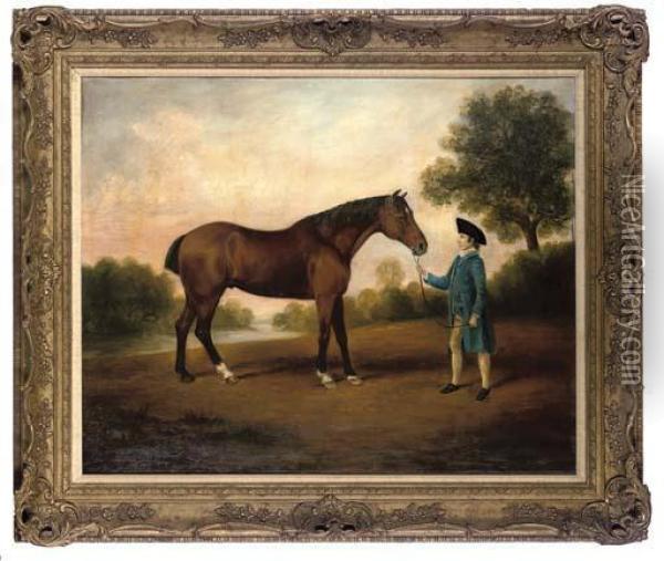 A Gentleman With His Hunter, An Extensive Landscape Beyond Oil Painting - Thomas Weaver
