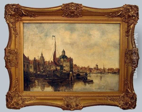 Port Scene With Windmill In Background Oil Painting - Johann Hendrik Van Mastenbroek