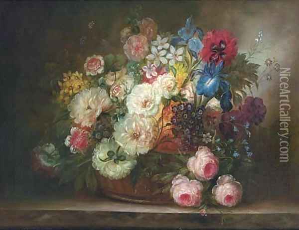 Summer flowers in a wicker basket Oil Painting - Continental School