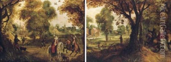 A Wooded Landscape With A 
Hawking Party, A Village Beyond; And A Wooded Landscape With A Hawking 
Party Returning To A Village Oil Painting - David Vinckboons