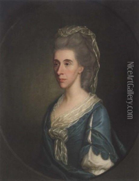 Portrait Of Miss Tighe Wearing A Blue Dress With White Lace Bonnet Oil Painting - Thomas Hickey