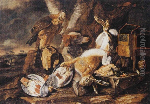 A Still Life With A Dead Hare And Dead Birds, A Falcon, A Dog And Hunting Paraphernalia, All Under A Tree In A Landscape Oil Painting - Christiaan Luycks