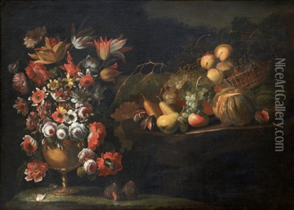 Nature Morte Au Vase De Fleurs Et Corbeille De Pommes, Raisins, Poires, Melon, Figues Dans Un Paysage Oil Painting - Paolo Antonio Barbieri
