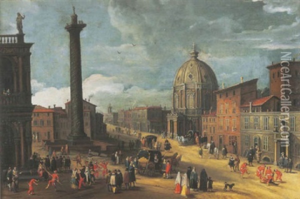 A Capriccio Of An Italianate Piazza With Trajan's Column And The Sansovino Library With Figures Celebrating Carnival Oil Painting - Joseph Heintz the Younger