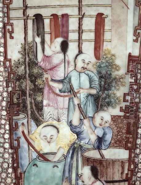 Detail from a vase depicting men dyeing silk Oil Painting - Anonymous Artist