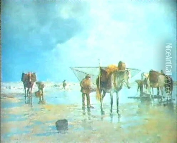 Crevetten- Und Tangfischer Mit Ihren Pferden Bei Ebbe Am    Strand Oil Painting - Hermann Baisch