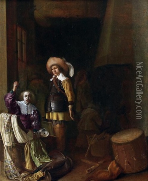 Jeune Femme Montrant Des Bijoux A Un Soldat Oil Painting - Willem Cornelisz Duyster