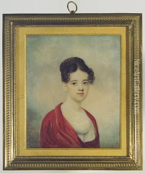 A Young Lady, Wearing Decollete White Dress With Pale Blue Ribbon Waistband And Red Shawl About Her Shoulders, Her Dark Hair Upswept In A Plaited Bun. Oil Painting - Anson Dickinson
