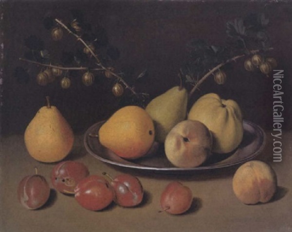 Still Life Of Pears, Apples And Gooseberries On A Platter Resting On A Ledge Scattered With Other Fruit Oil Painting - Jacob Samuel Beck