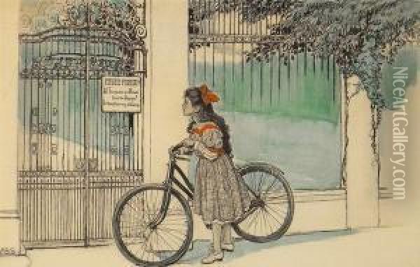 Girl With Bicycle Pauses At Gate. Oil Painting - Alice Barber Stephens