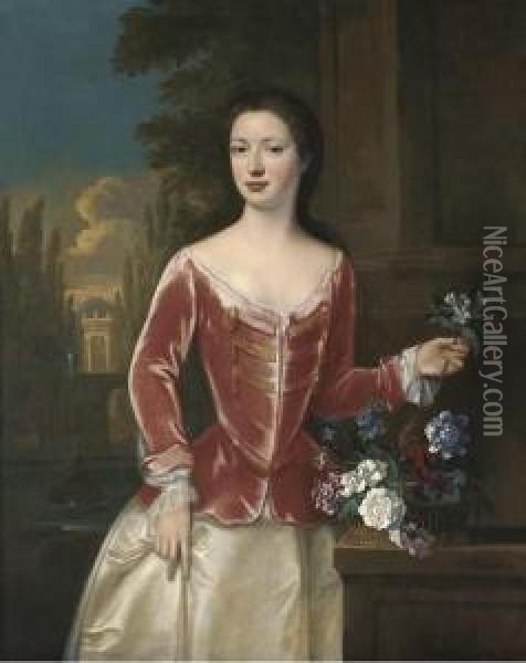 Portrait Of A Lady, 
Three-quarter-length, In A Pink Bodice Andoyster Satin Skirt, Holding A 
Sprig Of Orange Blossom In Her Lefthand, A Basket Of Flowers On A Ledge 
Beside Her, An Italianategarden With A Fountain And A Classical Building
 Beyond Oil Painting - Johannes or Jan Verelst