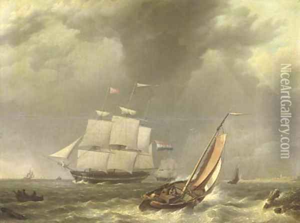 A frigat under sail by a coast Oil Painting - Johannes Hermanus Koekkoek
