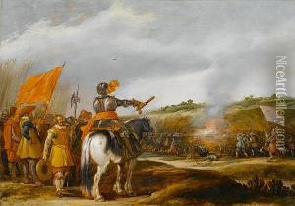 A Mounted General Addressing His Troops, Aninfantry Battle Beyond Oil Painting - Esaias Van De Velde