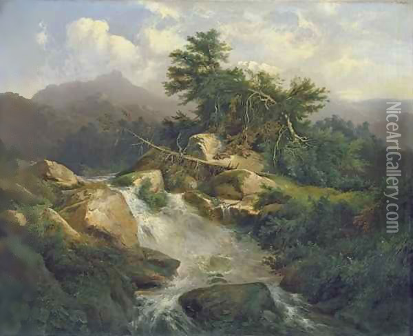 Forest Landscape with Waterfall Oil Painting - Julius Bakof