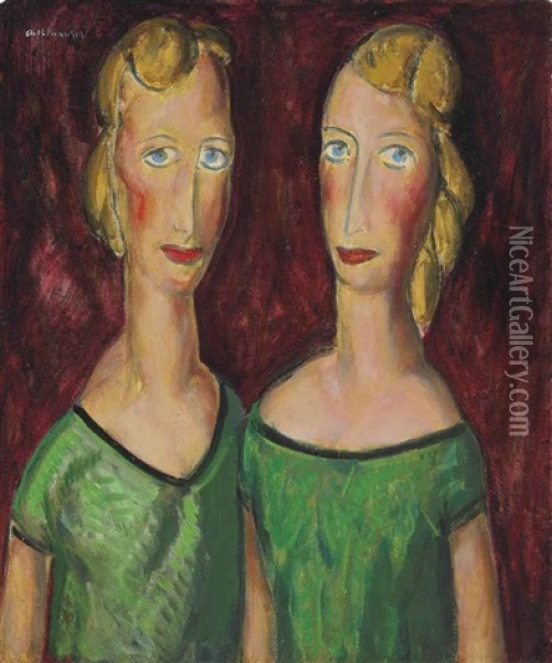 Two Sisters In Green Oil Painting - Alfred Henry Maurer