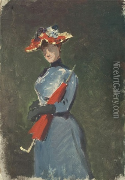 Stehende Dame Mit Rotem Schirm Oil Painting - Julius von Blaas