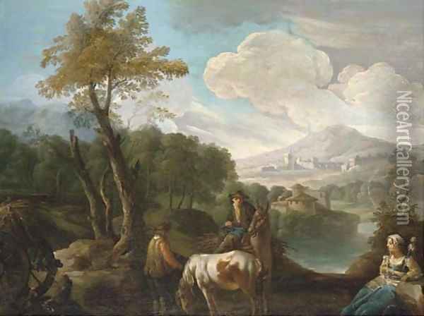 A landscape with farm labourers on a track, a lakeside town beyond Oil Painting - Giuseppe Bernardino Bison