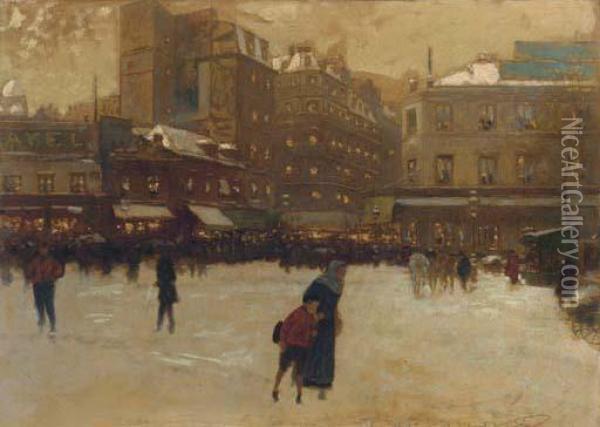 A Parisian Street Scene In Winter Oil Painting - Luigi Loir