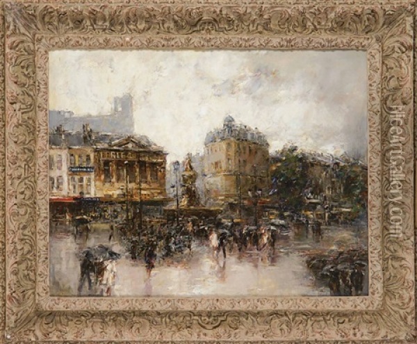 Der Place De Clichy In Paris Bei Regen Oil Painting - Mose di Giosue Bianchi