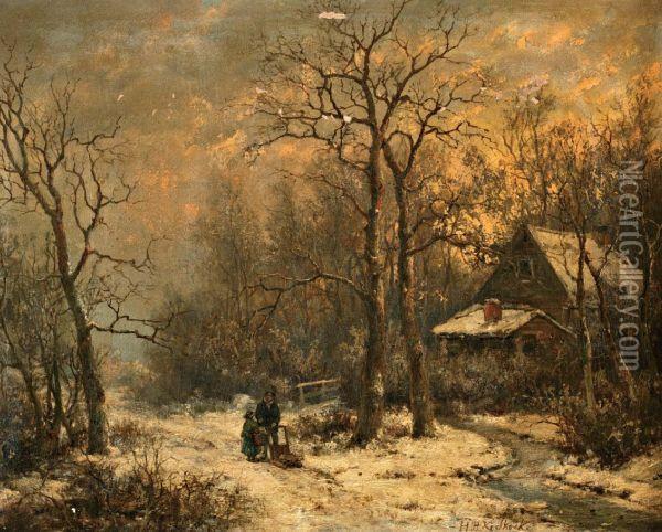 Figuren Met Duwslede In Winters Bos Oil Painting - Hendrik Pieter Koekkoek