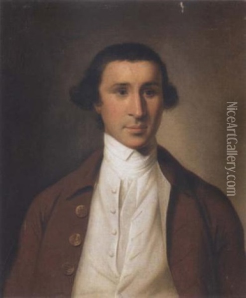 Portrait Of A Gentleman Wearing A Brown Coat With Gold Buttons, A White Waistcoat And A White Stock Oil Painting - George Willison