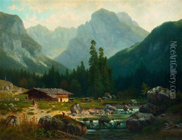 Alm Mit Wildbach Vor Bergkulisse Oil Painting - Ludwig Sckell