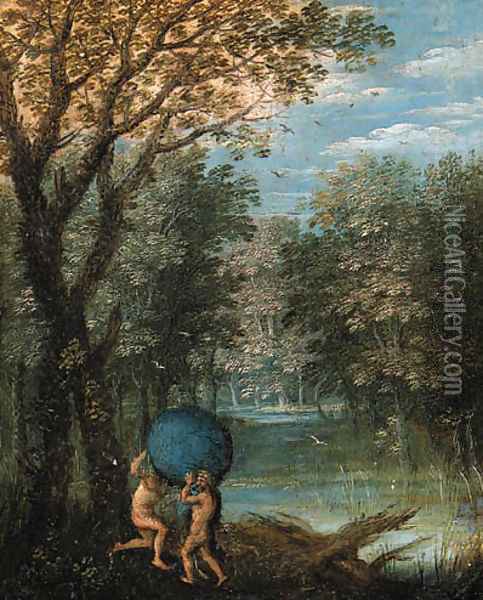 A wooded river landscape with Atlas passing the World to Hercules Oil Painting - Marten Ryckaert