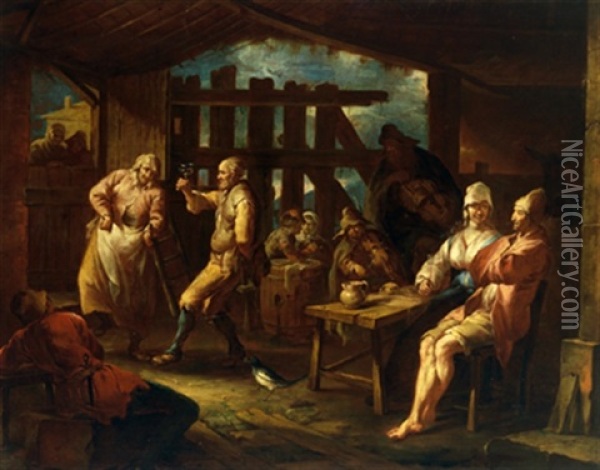 Feiernde Bauern In Einem Wirtshaus, Interno Di Osteria Con Contadini Festeggianti Oil Painting - Giacomo Francesco Cipper
