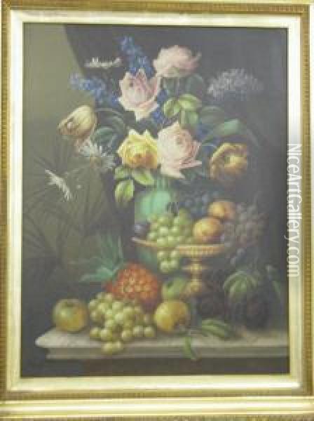 Still Life Study Of Flowers And Fruit On A Marble Table Oil Painting - Edwin Steele