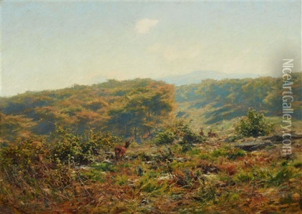 Landschaft Mit Rehen Im Morgennebel Oil Painting - Lewis E. Herzog
