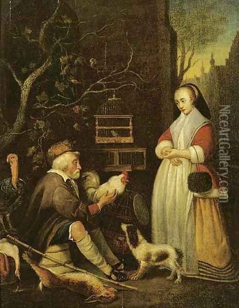 An old man selling game to an elegant lady Oil Painting - Gabriel Metsu