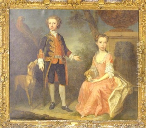 Lord Carnarvon And Lady Caroline Leigh As Children With Dog In A Landscape Oil Painting - Bartholomew Dandridge