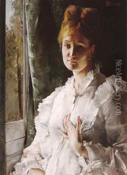 Portrait of a Woman in White Oil Painting - Alfred Stevens