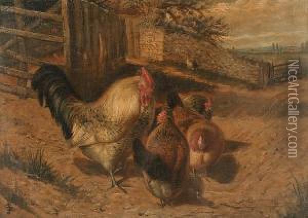 Chickens By A Country Lane, A Pair Oil Painting - Joseph Clark